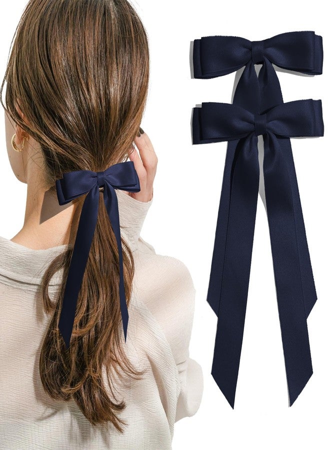 TULOBI 2PCS Navy Blue Hair Bows Solid Satin Polyester Ribbon Bow Hair Clips Ponytail Big French Hair Barrettes with Long Tail Wedding Dress Decor Hair Accessories for Women Toddler Teen Girls - Image 1